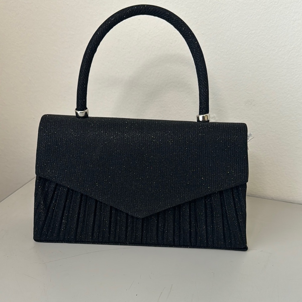 Black Pleated Clutch with V-Flap Design